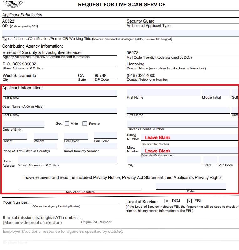 Live Scan Fields to fill out